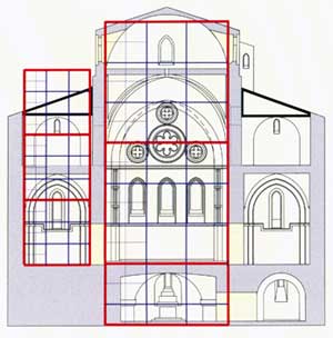 Tracciati regolatori e griglie modulari dell'Abbazia Florense  rif: "La Chiesa Abbaziale Florense a San Giovanni in Fiore" Pasquale LOPETRONE © copyright; Edizioni  LIBRARE, San Giovanni in Fiore, 2002 la chiesa abbaziale florense a san giovanni in fiore