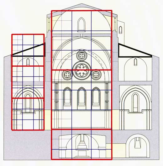 Tracciati regolatori e griglie modulari dell'Abbazia Florense  rif: "La Chiesa Abbaziale Florense a San Giovanni in Fiore" Pasquale LOPETRONE © copyright; Edizioni  LIBRARE, San Giovanni in Fiore, 2002 