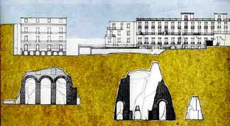 Architettura Mediterranea: XVII Triennale di Milano, 1987: Sottosuolo partenopeo e architettura ipogea greco romana: Napoli, Cavità nel Monte Echia, Grotte Carafa; Sezione