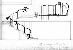 Arte del Mediterraneo:  Rivestimento e ringhiera in ferro battuto di Casa Nicoletti; Schizzo della ringhiera su disegno eseguito con un soft ware per CAD ( Computer Aided Design ) Designer: Francesco Saverio ALESSIO,  copyright © 2000