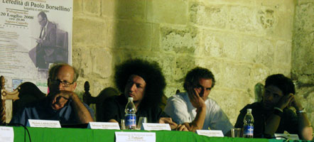 Salvatore Borsellino, Emiliano Morrone, Francesco Saverio Alessio ed Aldo Pecora alla manifestazione L'eredit di Paolo Borsellino III edizione - Palagianello, 20 luglio 2008 - fotografia di Carmine Talerico - copyleft 